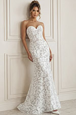 white and nude floral jacquard strapless fitted mermaid wedding dress with sweetheart neckline and sheer corset bodice, front view, Jovani Bridal style JB99067
