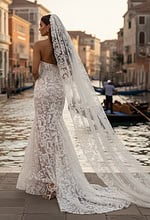 Back view of fitted lace bridal gown with long veil and elegant train