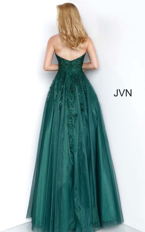 Back view of Jovani 00915 green gown showing elegant fabric drape and strapless design.