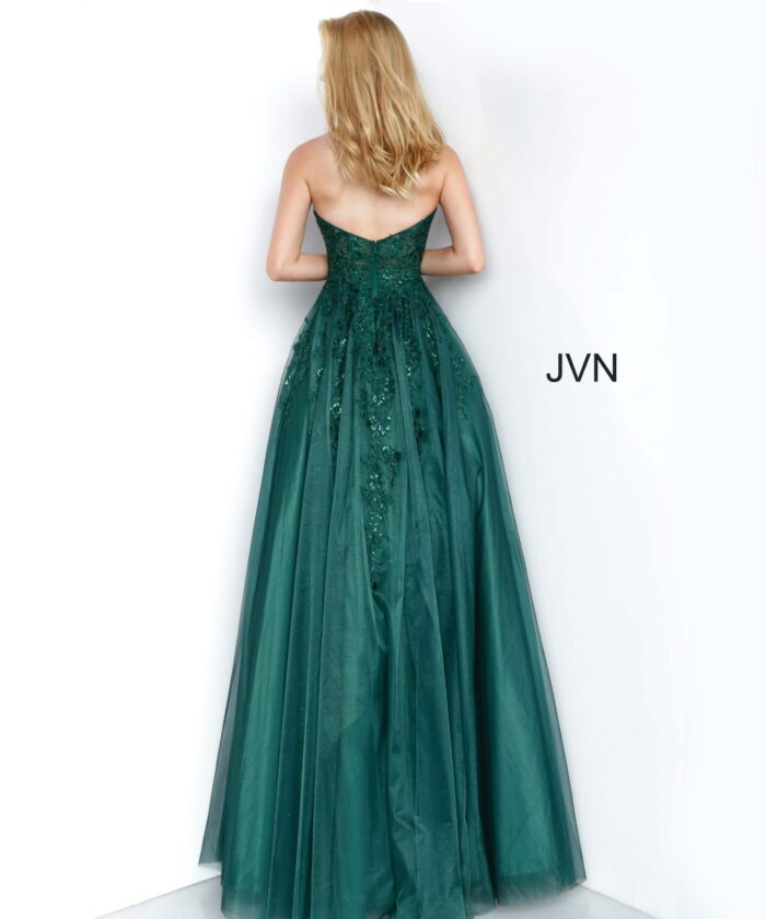 Back view of Jovani 00915 green gown showing elegant fabric drape and strapless design.