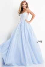 Model wearing Jovani 00915 light blue gown with a sweetheart neckline and detailed embroidery.