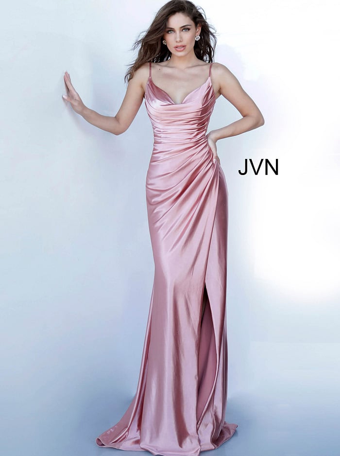 Full-length shot of model in Jovani 03104 dusty pink gown with high slit.