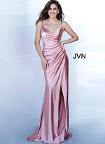 Model in Jovani 03104 dusty pink gown with ruched bodice and high slit.