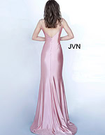 Back view of model wearing Jovani 03104 dusty pink gown with a deep V-cut.