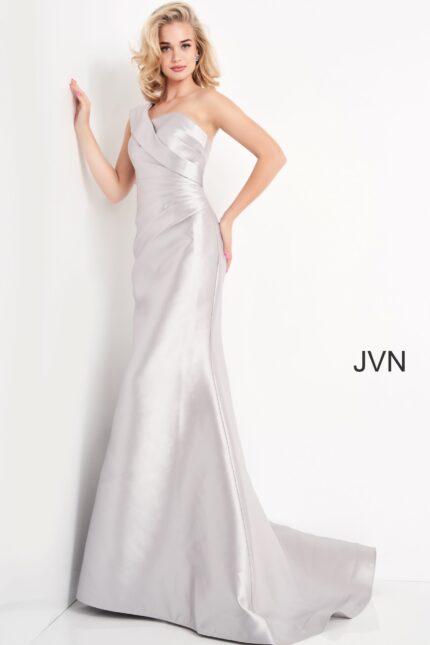 Model wearing JVN04723 Taupe One Shoulder Mermaid Evening Dress