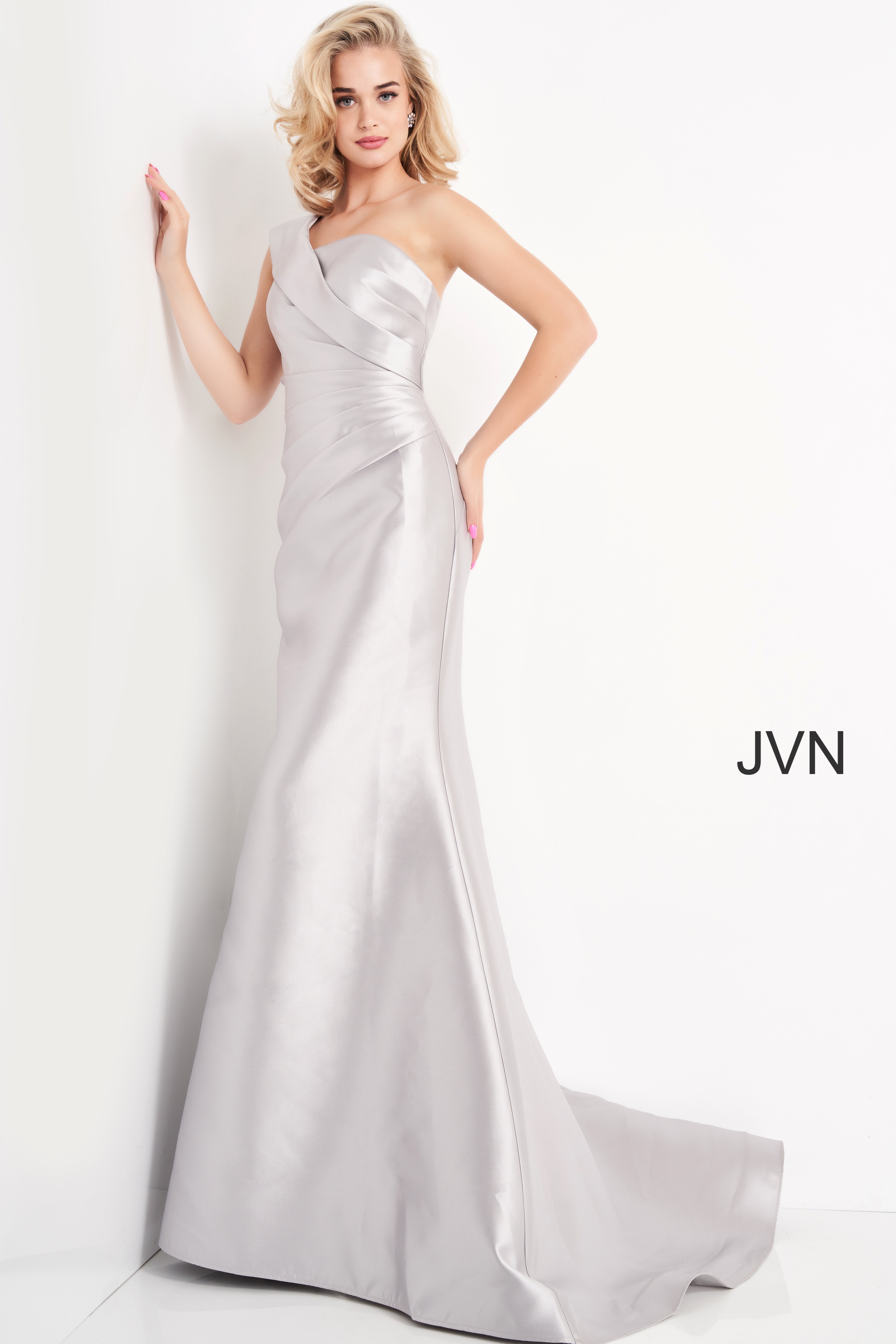 www.giovannicavallaro.com Model wearing JVN04723 Taupe One Shoulder Mermaid Evening Dress