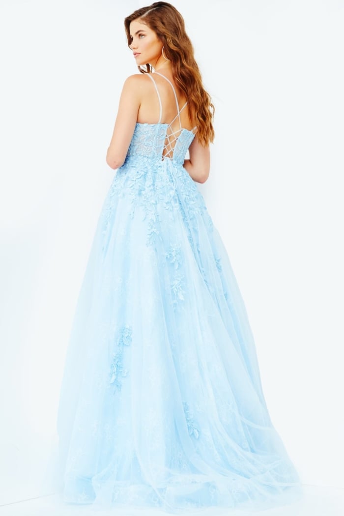 Back view of Jovani 06644 blue evening gown with lace-up back detail.