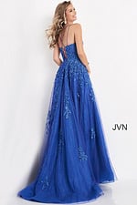 Back profile of Jovani 06644 blue gown with crisscross straps.