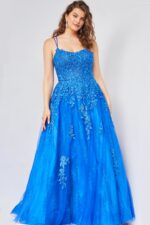 JOVANI SALE フローラル レース ライトブルー ロングドレス 06644 Light Blue Spaghetti Strap Embroidered Prom Gown | Jovani
