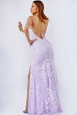 Back view of model in Jovani 06660 lilac dress with lace-up back.