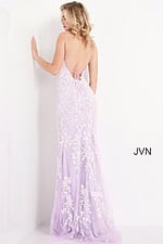 Model showcasing the back of Jovani 06660 lilac dress with lace-up detail.