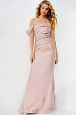 Model wearing Jovani 07640 blush off-the-shoulder gown with ruched bodice, front view.
