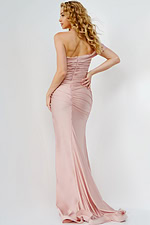 back view of model wearing Jovani 07640 in blush with off-the-shoulder neckline and floor-length design
