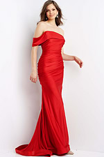 model wearing Jovani 07640 in red with off-the-shoulder neckline and floor-length design