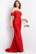 Model wearing Jovani 07640 red off-the-shoulder dress with ruched bodice, front view.
