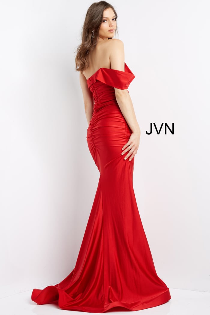 Model showing the back of Jovani 07640 red dress, off-the-shoulder design, and fitted silhouette.