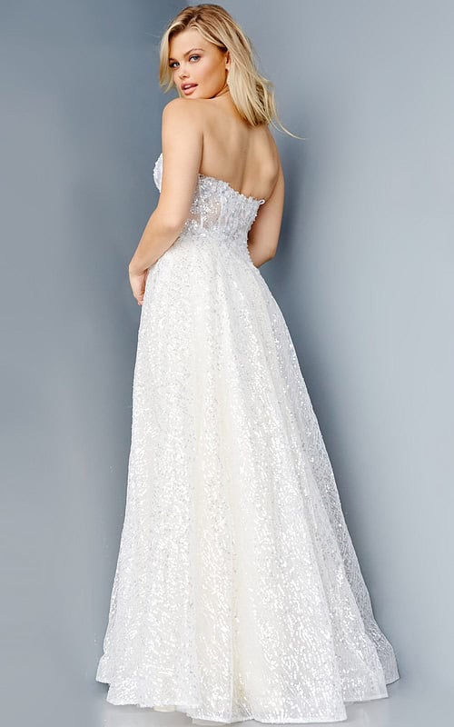 Back view of model wearing Jovani 08417 ivory dress with a sequin embellishment.