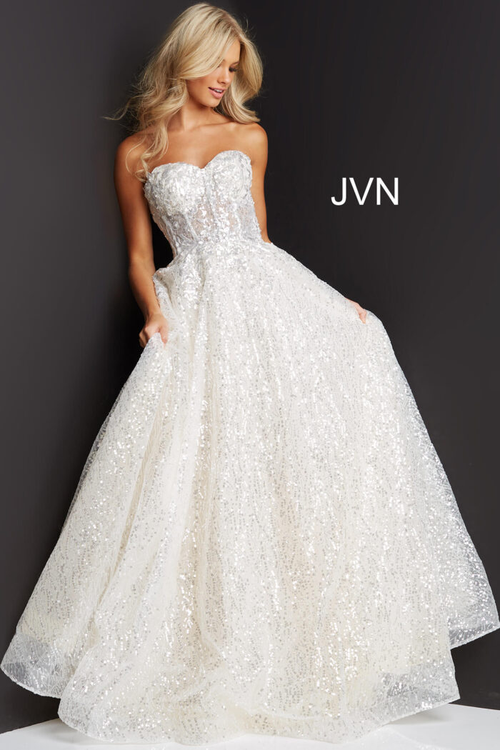 Model wearing Jovani 08417 ivory A-line dress front view