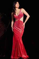 Model wearing Jovani 23098 red mermaid gown front view, V-neckline and embellishments visible