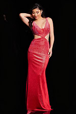 Front view of model in Jovani 23098 red gown emphasizing V-neckline and side details