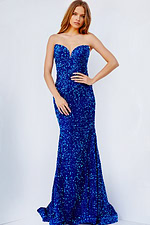 Model wearing Jovani 23771 with a royal sequin gown, front close-up.