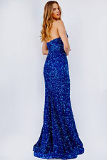 Model wearing Jovani 23771 with a royal sequin gown, back view.