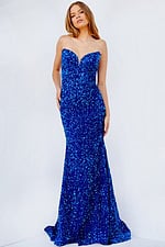 Model wearing Jovani 23771 with a royal sequin gown, front view.