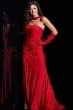 Back view of Jovani 23985 red gown, highlighting sleek design and gloves