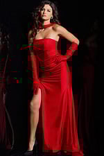 Model wearing Jovani 23985 red gown, front full length with dramatic style