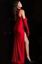 Model wearing Jovani 23985 red gown, back view showing silhouette