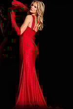 Front angle of Jovani 23985 red gown with striking silhouette