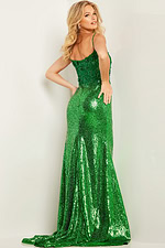 Back view of model wearing Jovani 24167 green gown with low-cut back
