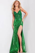 Model wearing Jovani 24167 green gown with deep V-neck and high slit