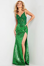 Model in Jovani 24167 green dress featuring intricate beadwork and high slit