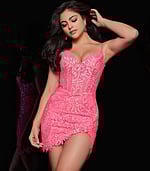 Model wearing Jovani 25756 fuchsia dress with sweetheart neckline and sequin detailing, front view.