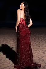 model wearing Jovani 25908 back view burgundy sequin gown
