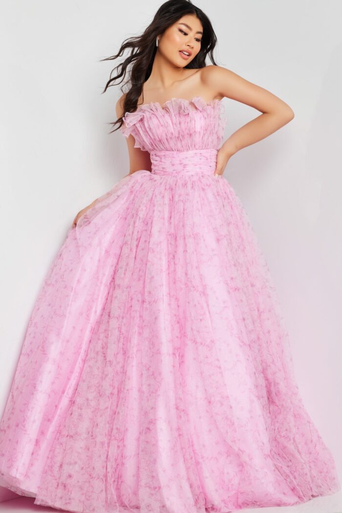 Model in Jovani 26209 pink gown showcasing full-length silhouette.