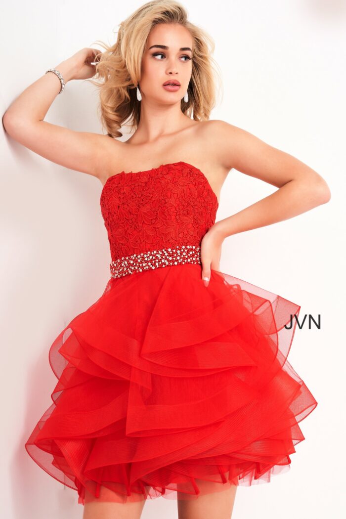 Model wearing Jovani 3099 red short dress with lace bodice front view