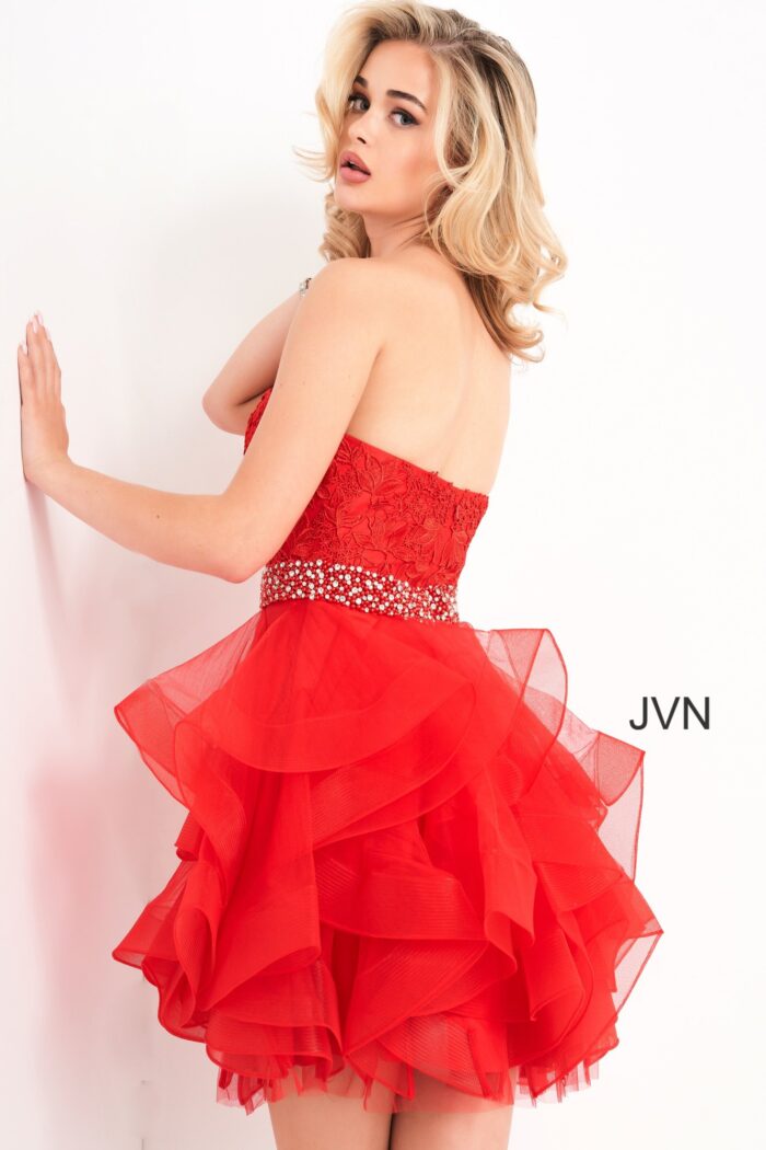 Model wearing Jovani 3099 red short dress with lace bodice back view