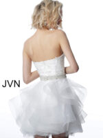 Model wearing Jovani 3099 white short dress with lace bodice back view