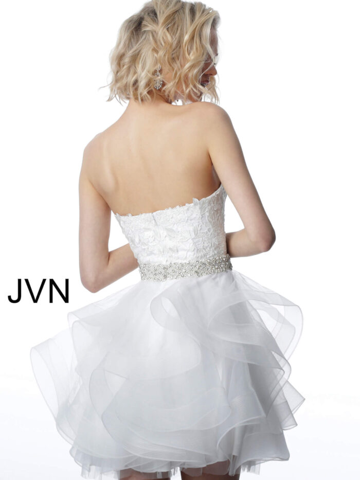 Model wearing Jovani 3099 white short dress with lace bodice back view