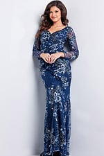 Back view of model wearing Jovani 36399 navy gown with floral embroidery.