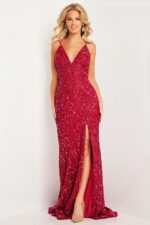 front view of model in Jovani 36437 red evening gown with high slit