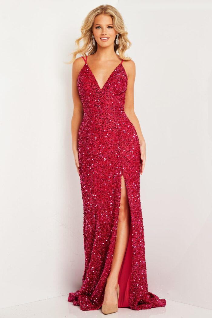 front view of model in Jovani 36437 red evening gown with high slit