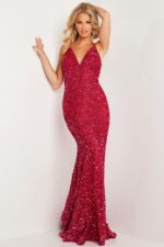 model wearing Jovani 36437 red evening gown with sequins and V-neckline