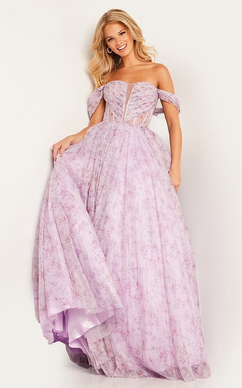Model wearing Ruched Off the Shoulder Pink Ballgown 36581