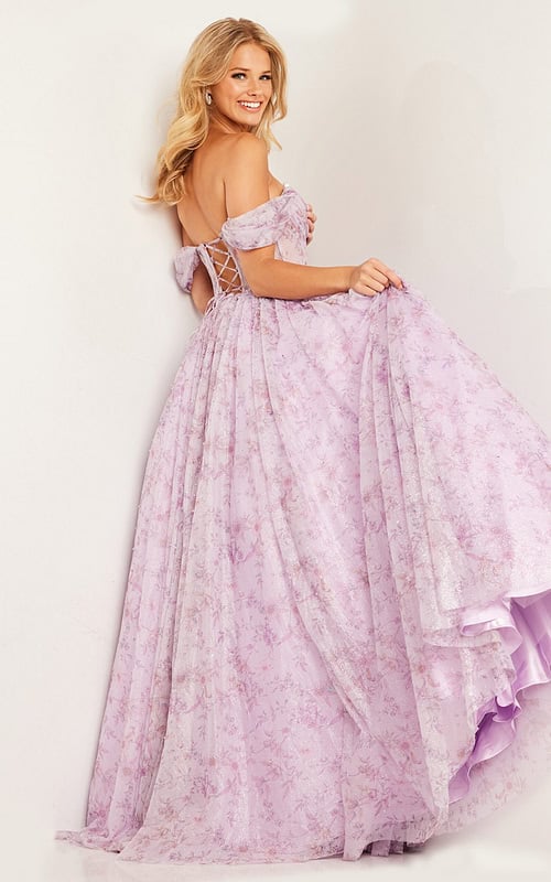 Model wearing Ruched Off the Shoulder Pink Ballgown 36581