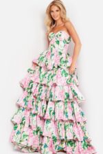 Floral Print Satin Strapless Gown 37058 | Jovani