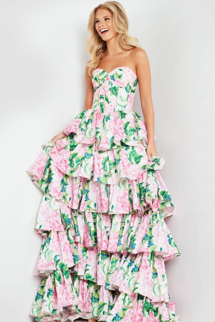 Model wearing Jovani 37058 floral print dress, showcasing sweetheart neckline and elegant ruffle layers, front view