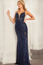 Model showcasing Jovani 37451 navy gown with deep V-neck and floral beading